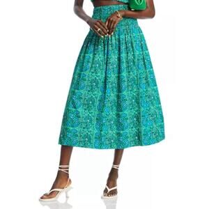 RHODE Size Small Lilou Shirred Cotton Poplingreen & Blue Ivy Floral MIDI Skirt